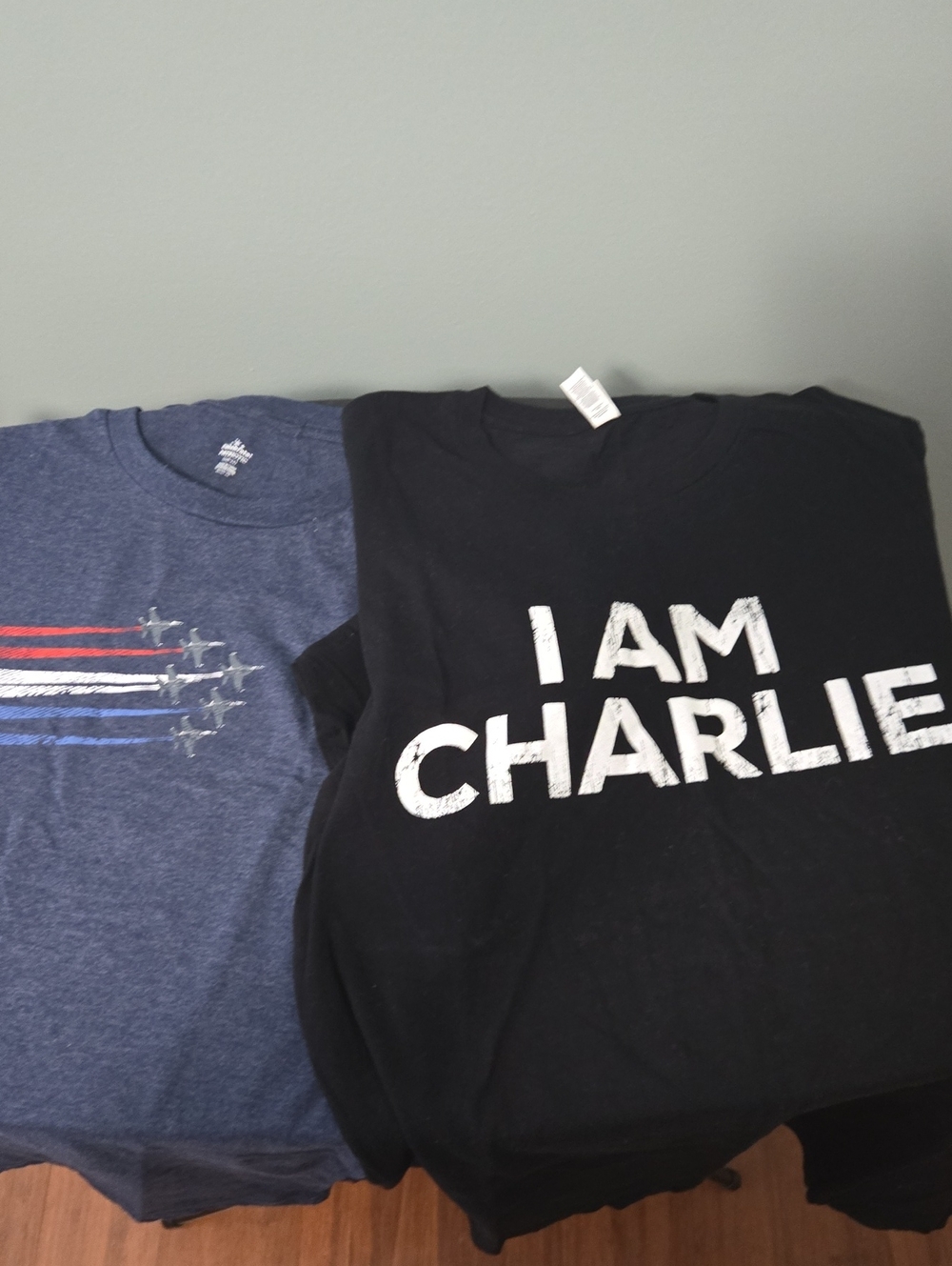 Black "I AM CHARLIE" And Blue Red White And Blue Airplanes Graphic Men's Tee